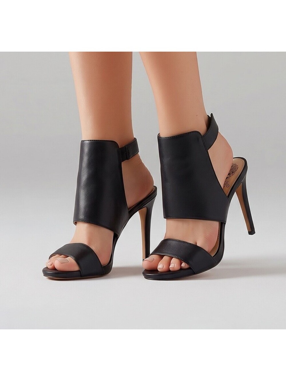 Vince Camuto Fandy Womens 8.5 Leather Black Stiletto Heels Open Toe Buckle